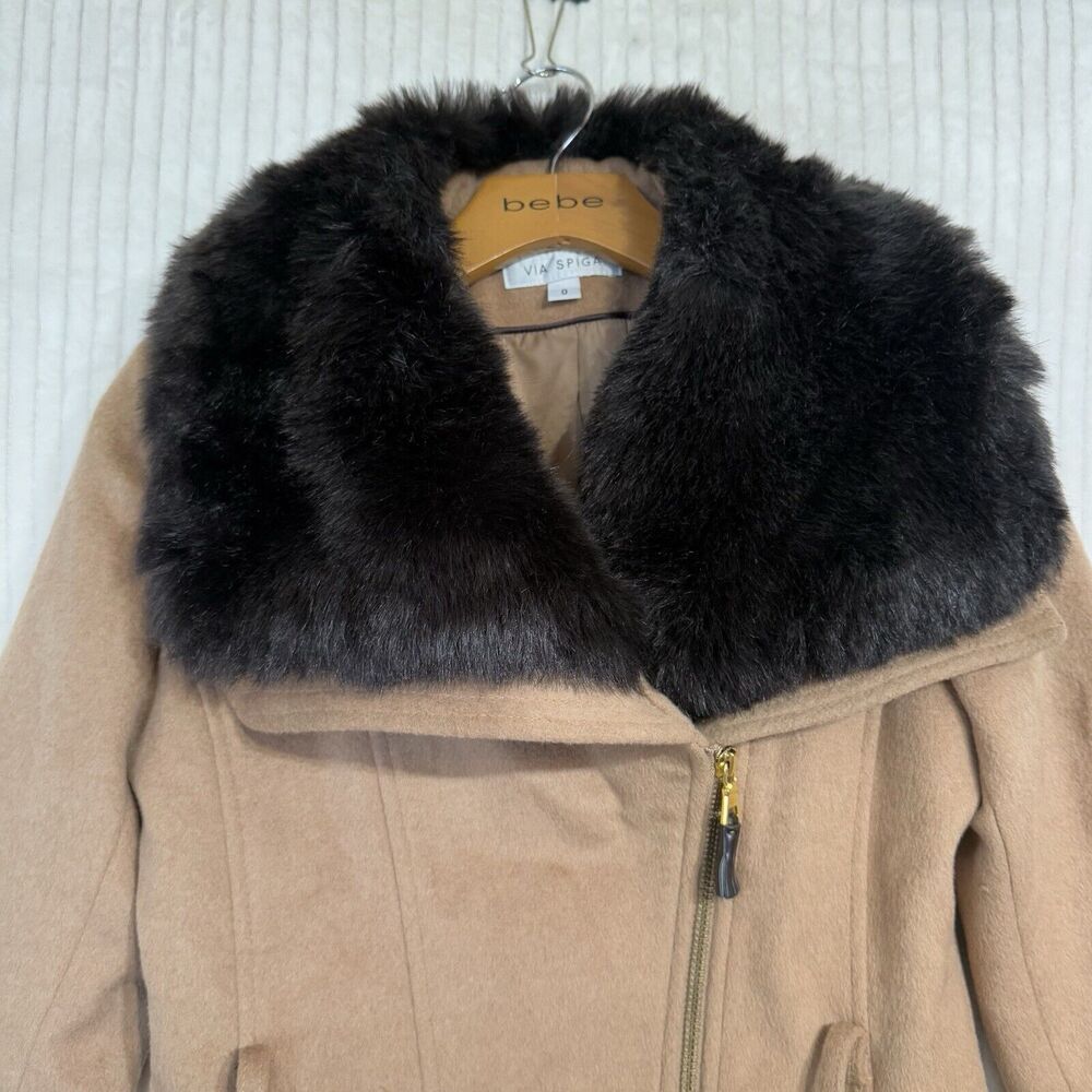 Via Spiga Camel‎ Faux Fur Wool Blend Pea Coat Women Sz 0 NWT $400 No Belt - Picture 14 of 16